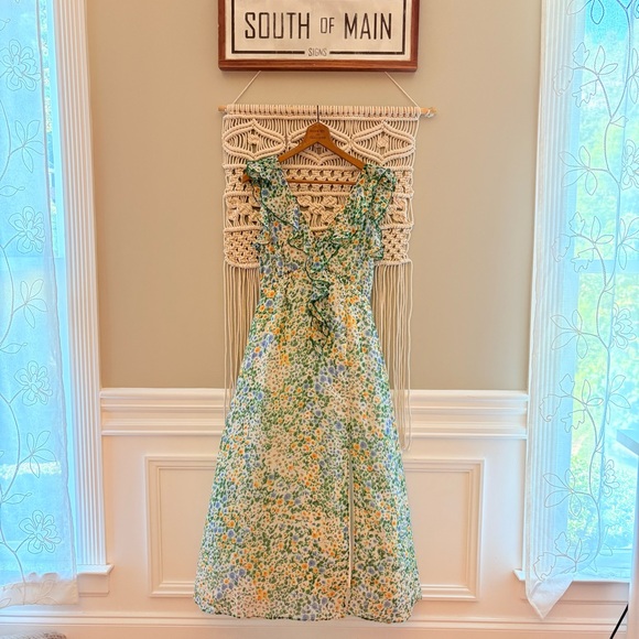 ZARA Floral Chiffon Midi Dress Green Yellow Ruffle Slit Size Small Romantic EUC - Picture 2 of 11